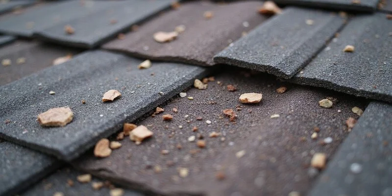 Close-up of aging asphalt shingles showing granule loss and weathering on a twenty year old Ohio roof