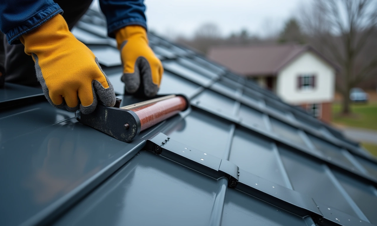 Contractor installing a standing seam metal roof panel on a residential Ohio home