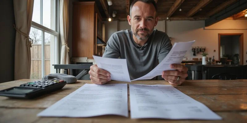 Homeowner comparing insurance settlement documents with roofing contractor estimate at kitchen table in Ohio home