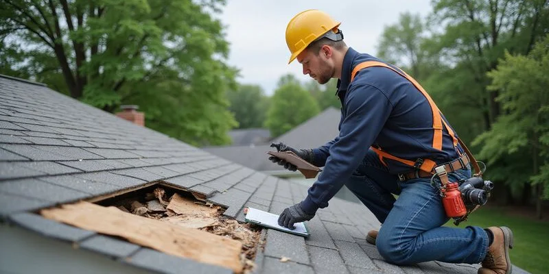 Insurance adjuster inspecting storm damage on a residential roof in Ohio with clipboard and documentation tools