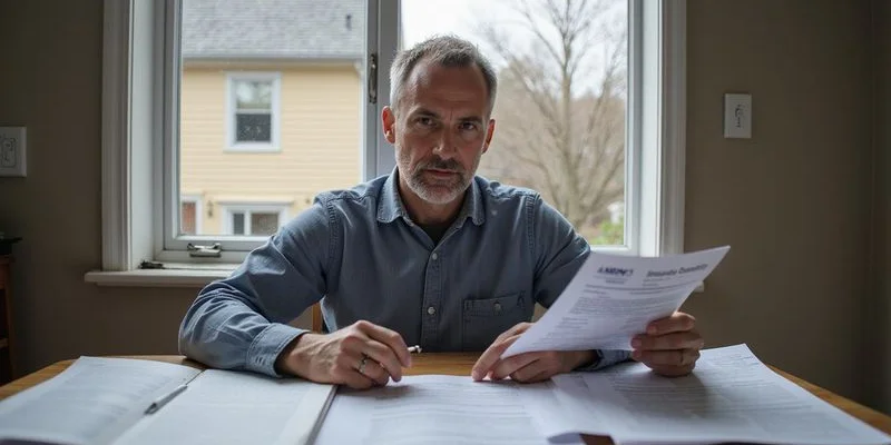 Ohio homeowner reviewing insurance policy documents with roof damage visible in the background on the residential home