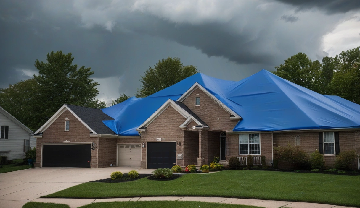Ohio roof replacement delayed by weather showing tarped roof and rain