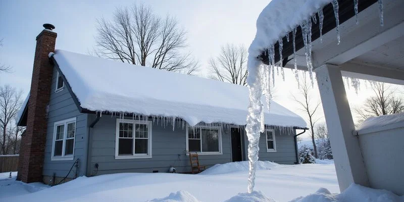 Ohio winter landscape showing a residential home with snow on the roof highlighting the challenges of winter roofing work