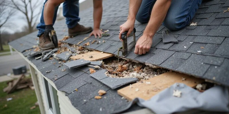 Damaged shingles being replaced