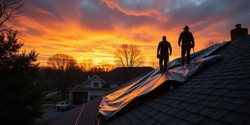 Emergency tarp being secured on a storm-damaged roof to prevent water intrusion