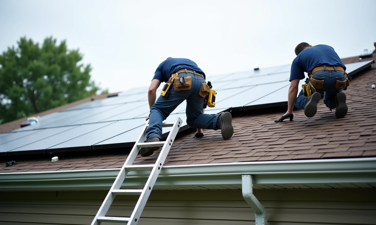 Roofing crew installing solar panels on an asphalt shingle roof of an Ohio home under an overcast sky