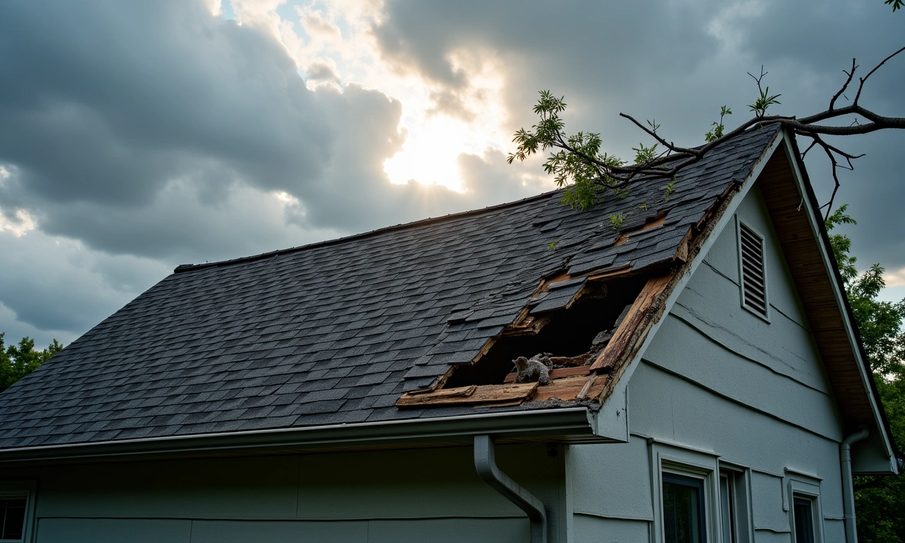 Wind-torn roof with missing shingles and exposed decking under a dramatic post-storm sky in Ohio
