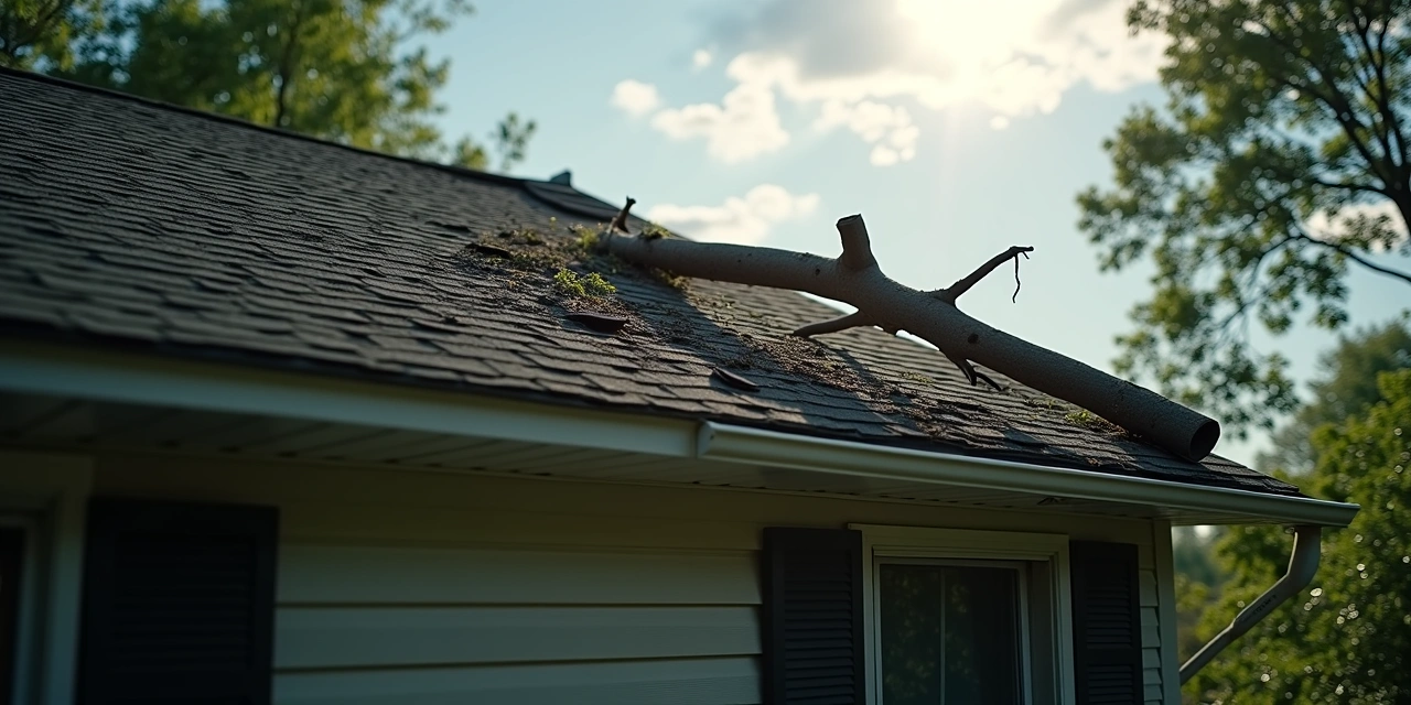 Storm-damaged residential roof viewed from ground level with wind-lifted shingles and a downed tree limb after an Ohio windstorm