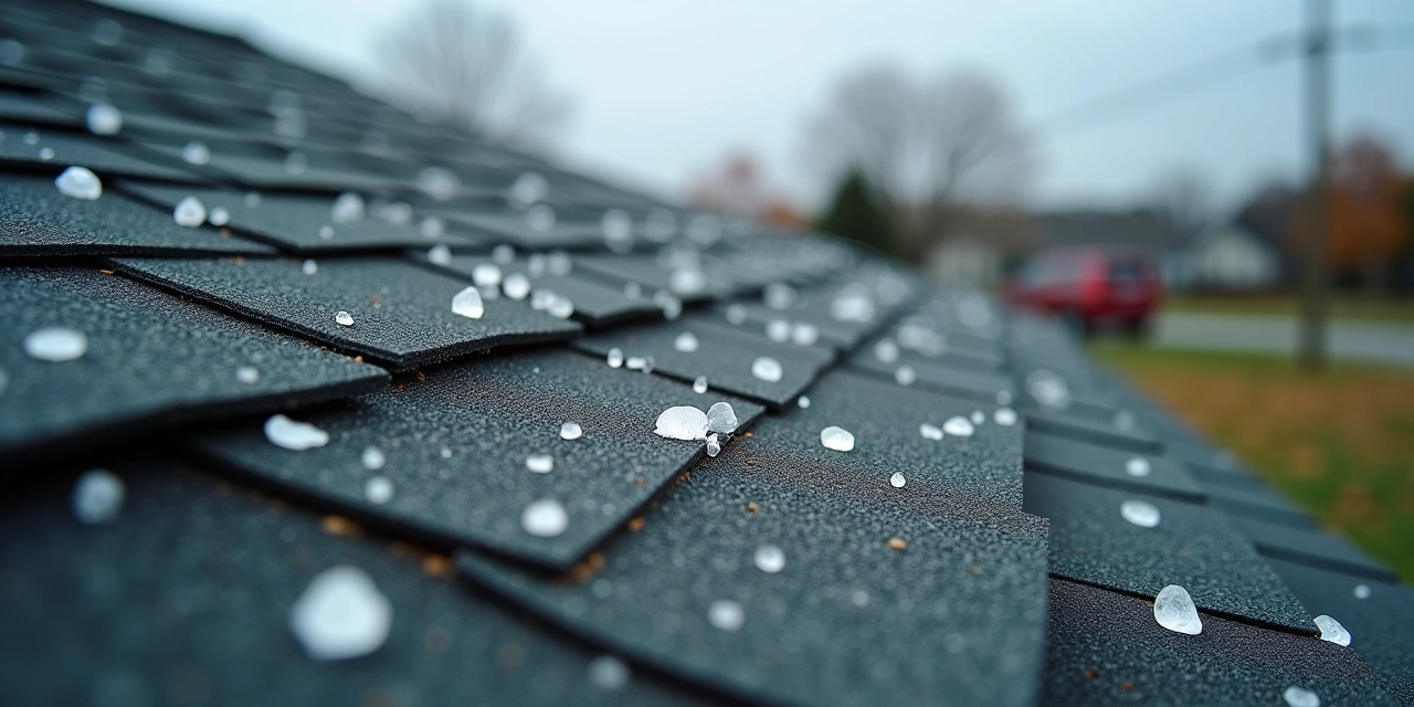 Hailstones resting on the asphalt shingles of an Ohio roof after a storm
