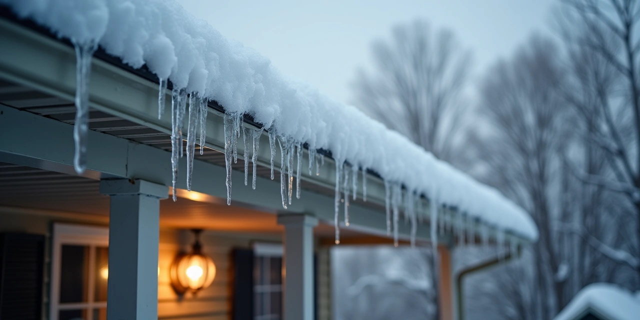 Ohio home roof with ice dam and snow load in Fairfield County winter