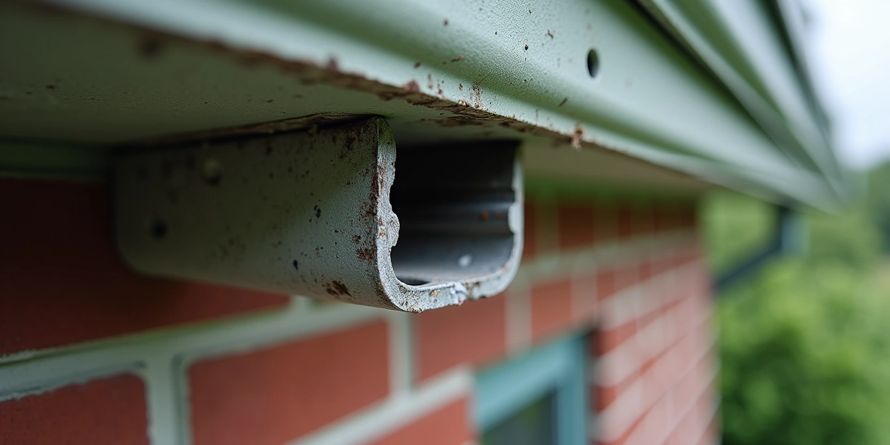Extreme close-up of an empty gutter downspout bracket torn from a home exterior with exposed mounting straps