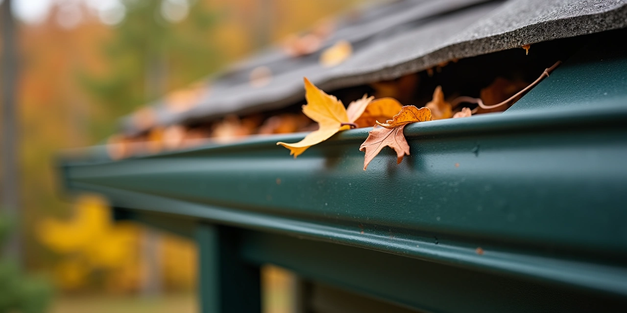 Gnawed gap at the soffit and fascia corner of an Ohio home with autumn leaves on the gutter