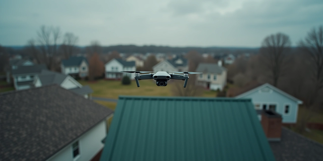 A small drone hovering above an Ohio suburban rooftop under an overcast sky, used for insurance roof inspection