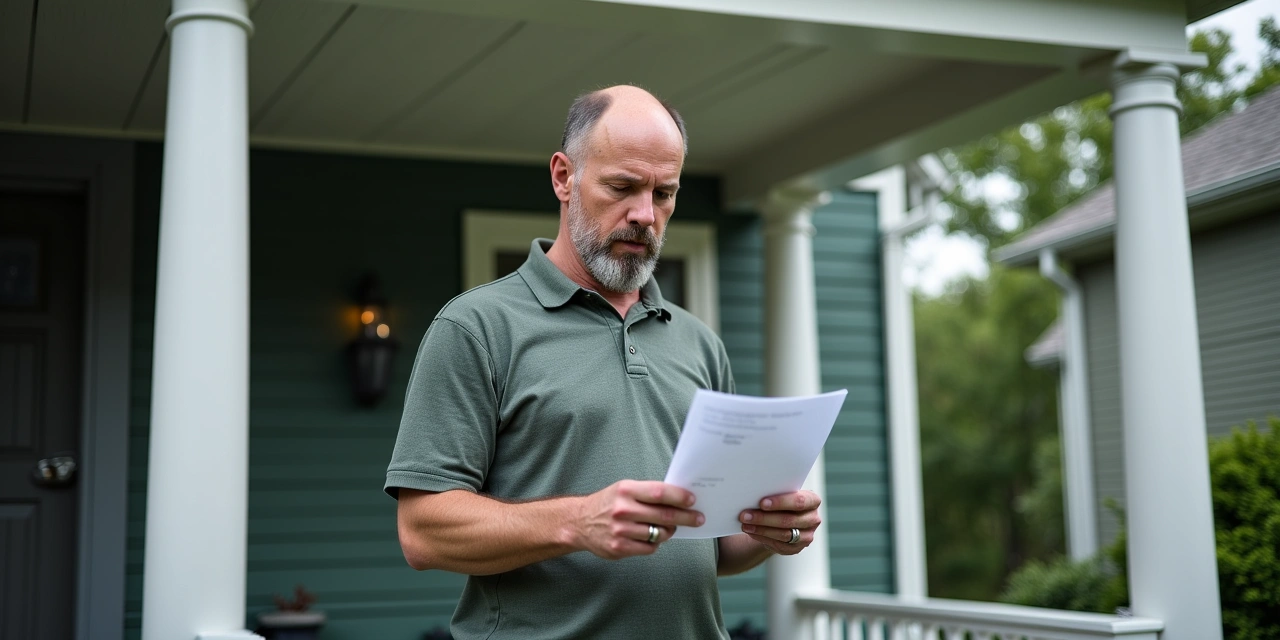 Ohio homeowner reading a certified insurance nonrenewal letter on the front porch beneath an aged asphalt shingle roof