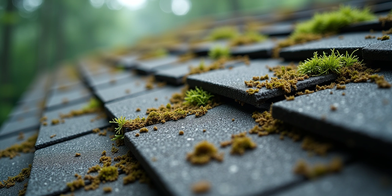 Dark algae streaks and moss growing across gray asphalt shingles on an Ohio roof in humid summer weather