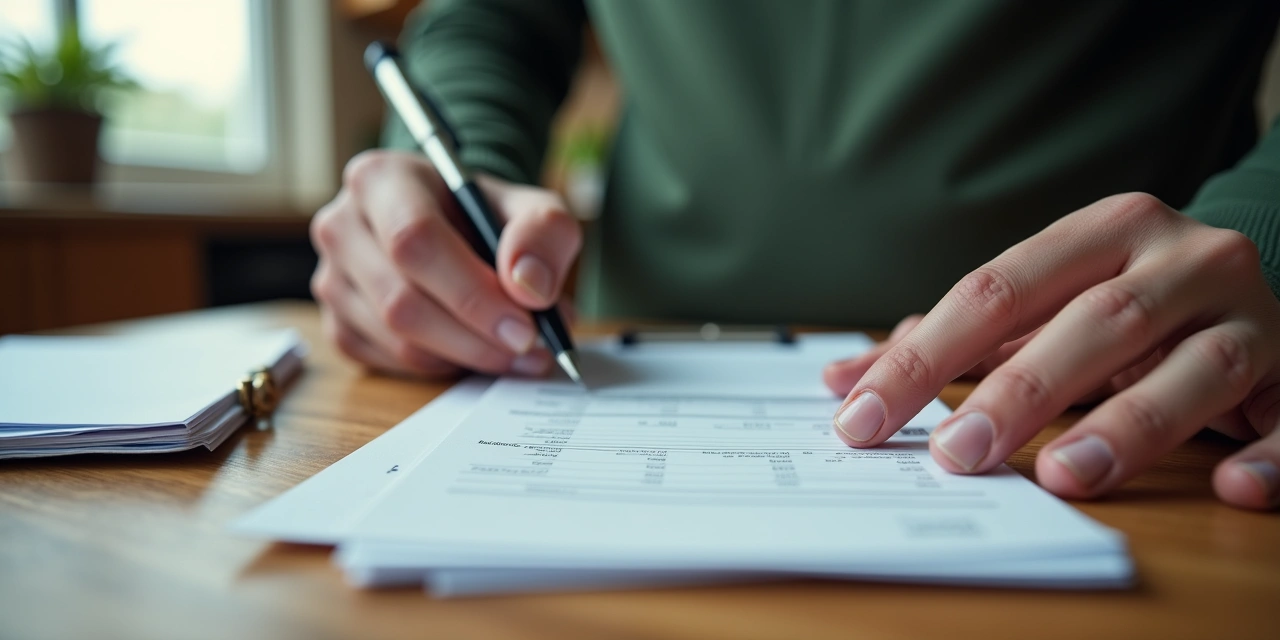 Homeowner's hands over an unsigned insurance check and paperwork on a kitchen table