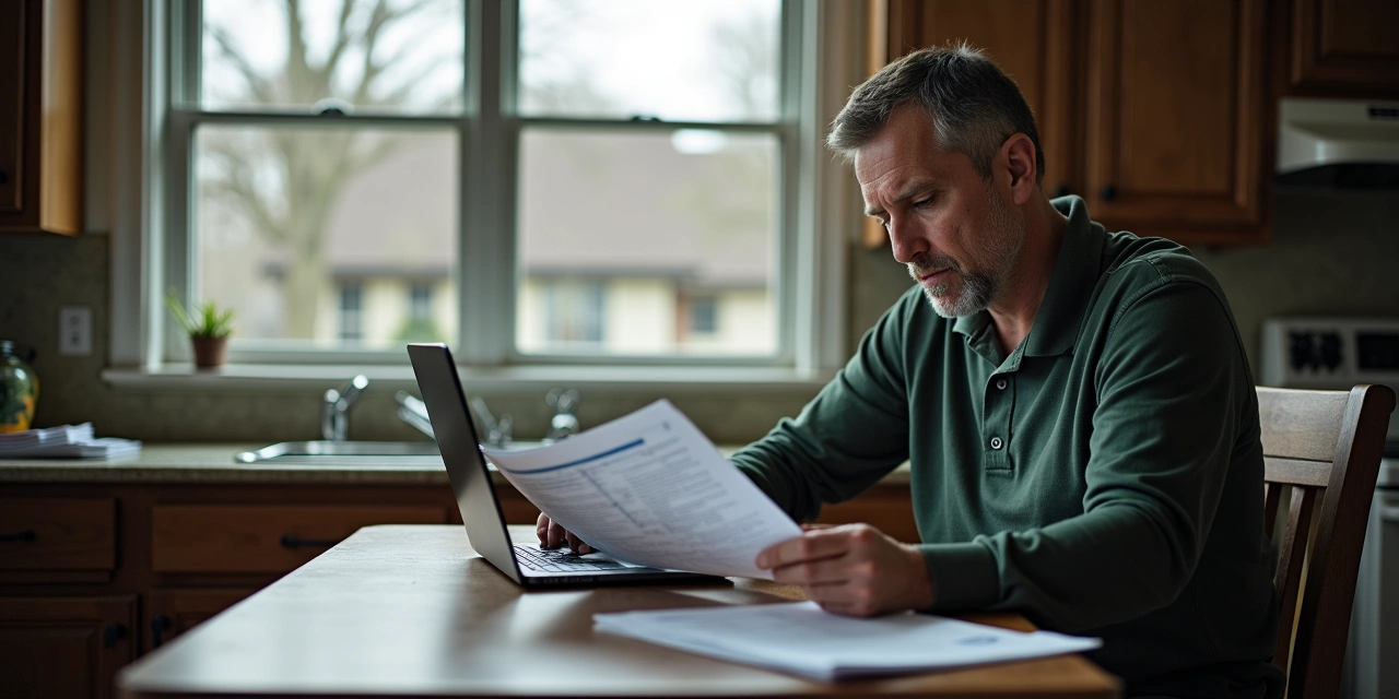 Ohio homeowner at a kitchen table reviewing insurance claim paperwork