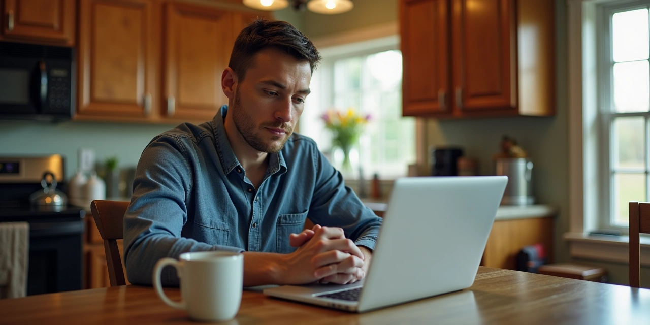Homeowner reviewing a home equity loan document and roofing estimate at a kitchen table