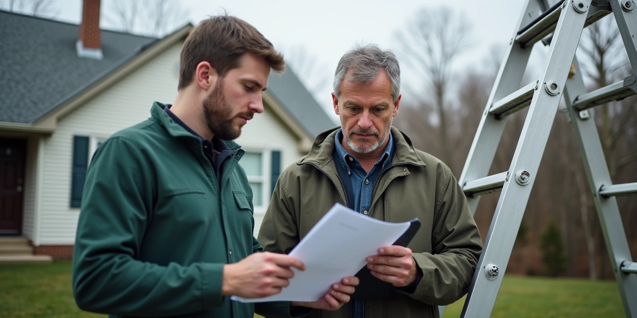 Homeowner and insurance adjuster reviewing a claims document at the base of a residential roof ladder in Ohio