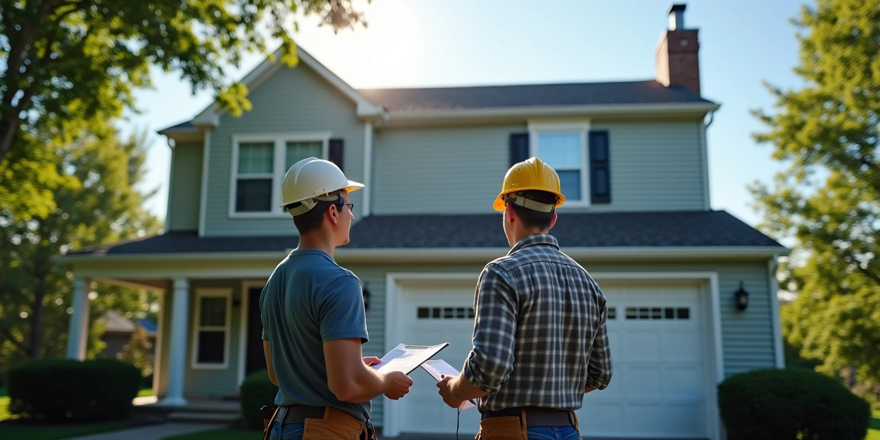 Homeowner and contractor looking up at a newly replaced shingle roof on an Ohio home