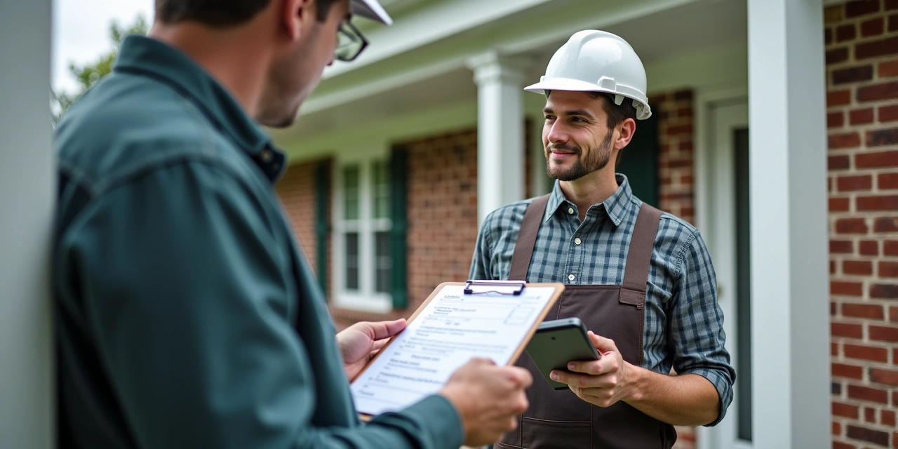 Homeowner and roofing contractor reviewing a written estimate and insurance certificate on a front porch
