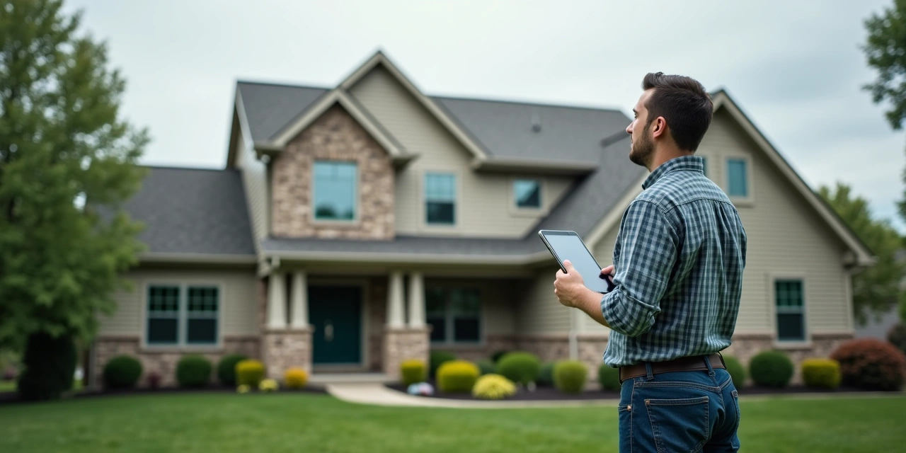 Home inspector checking an Ohio roof from the lawn with a tablet | Fairfield Peak Roofing
