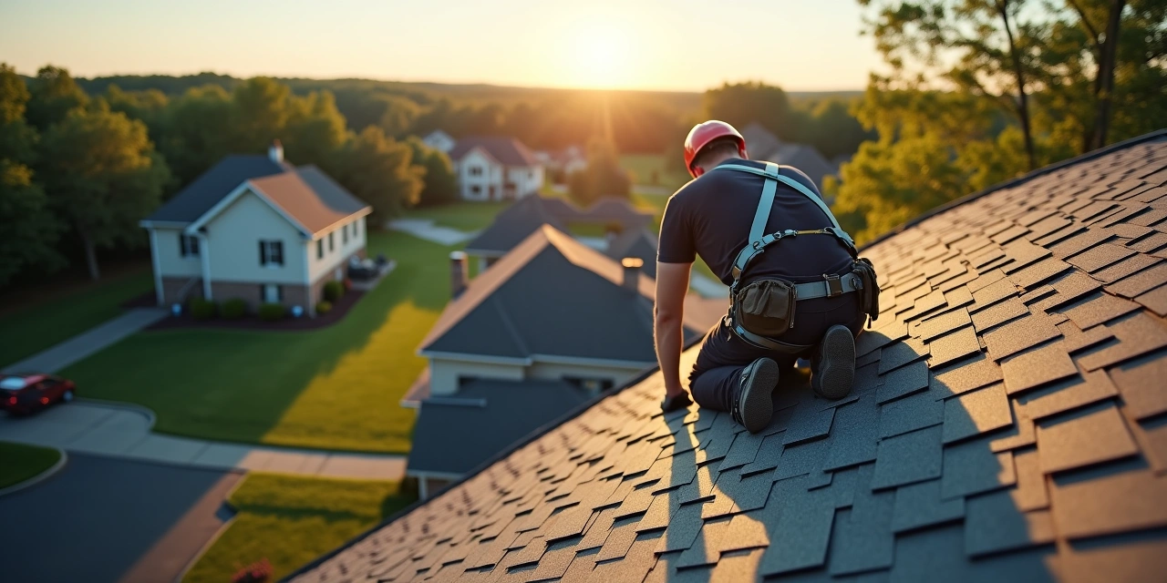 Professional roofing contractor conducting a roof inspection on an Ohio home with clipboard