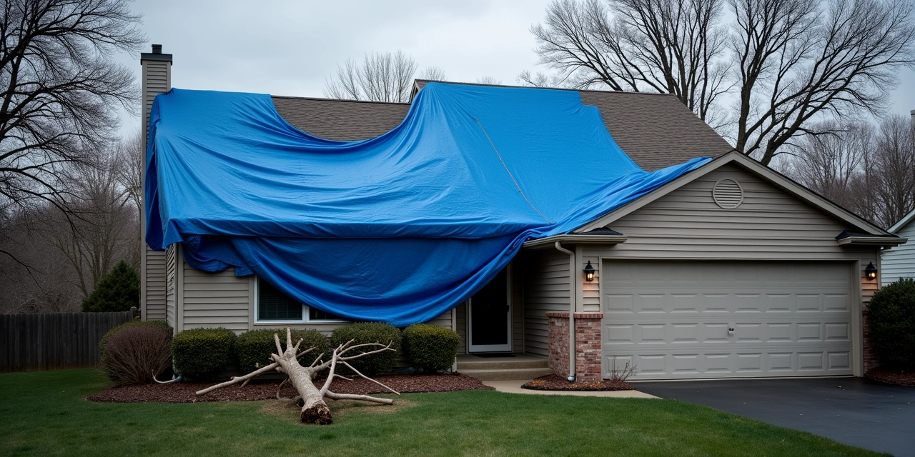 Blue tarp secured over storm damage on an Ohio house roof | Fairfield Peak Roofing