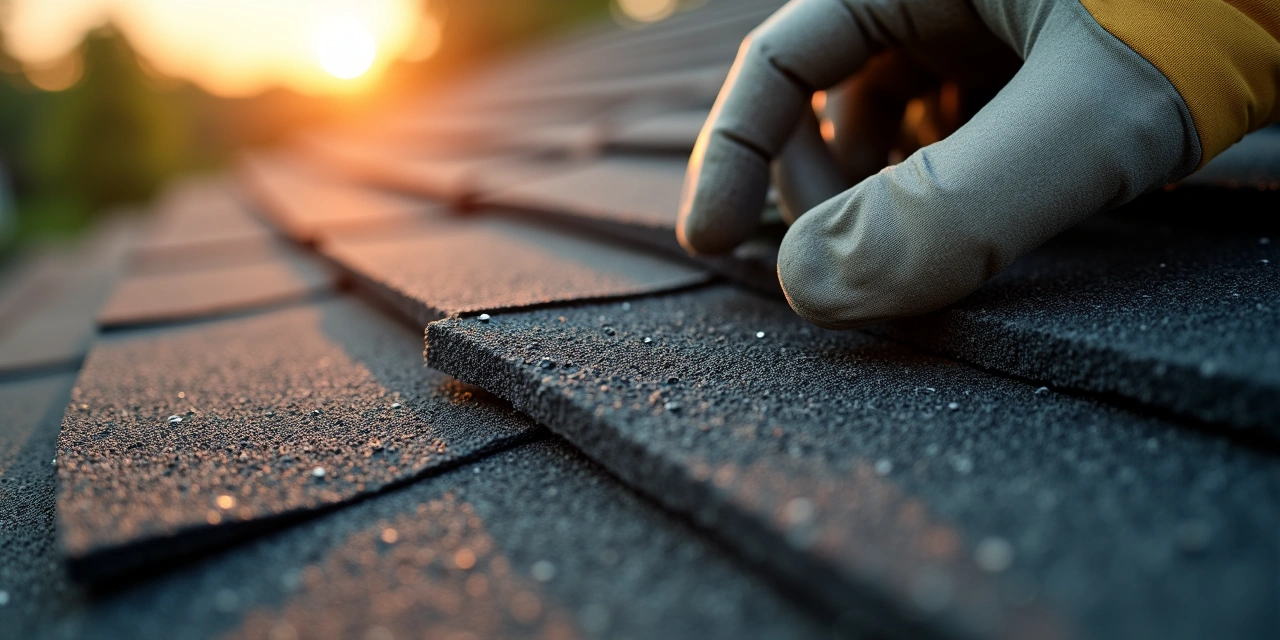Macro close-up of a newly installed asphalt shingle course with a roofer's gloved hand adjusting the edge