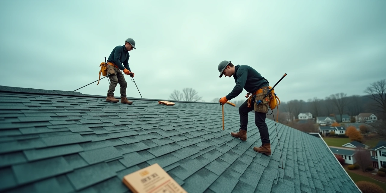 Small roofing crew working alone on a large Ohio residential roof, understaffed for the size of the job
