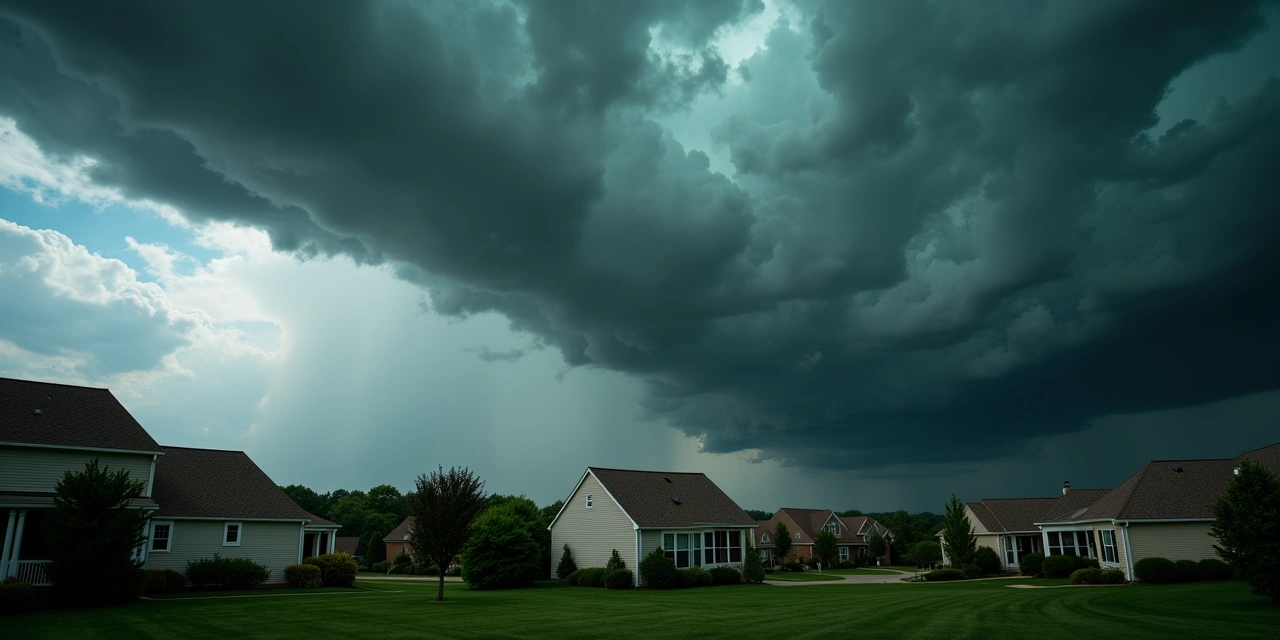 Dark storm clouds approaching over an Ohio neighborhood with residential rooftops visible