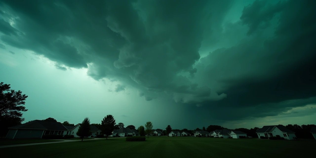 Dark storm clouds building over an Ohio residential neighborhood rooftop skyline in midsummer